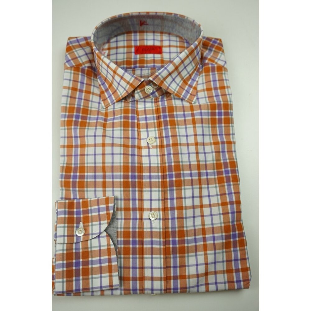 Isaia Napoli Carrot Orange Purple White Plaid Long Sleeve Shirt 15.5/39 NEW